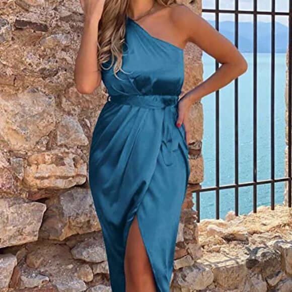 Women's Ruched Bodycon Dress Asymmetrical Sleeveless One Shoulder W - Picture 3 of 6